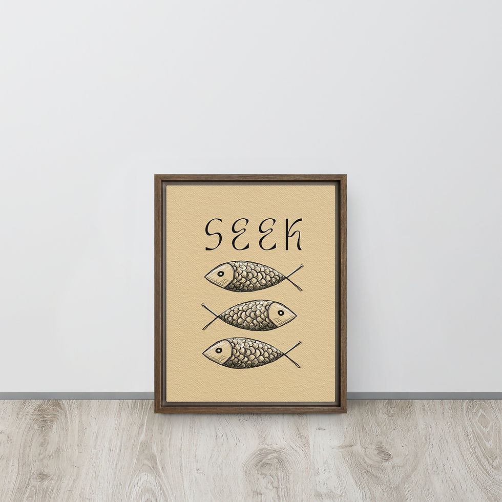 Thumbnail: Ichthys Seek Christian fish symbol black framed poster with Jesus fish line art Luke 11:9-10 minimalist ancient symbol beige