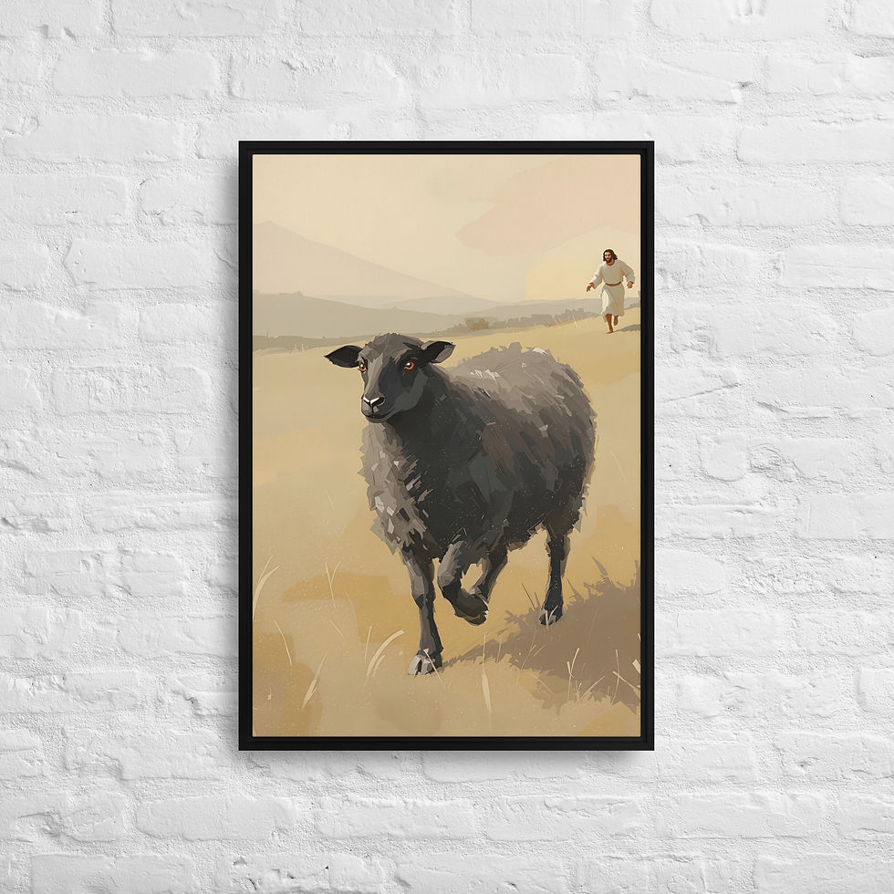 Black Sheep Luke 15:4-7 framed canvas Christian wall art solitary black sheep pastoral field warm earthy tones lost sheep par