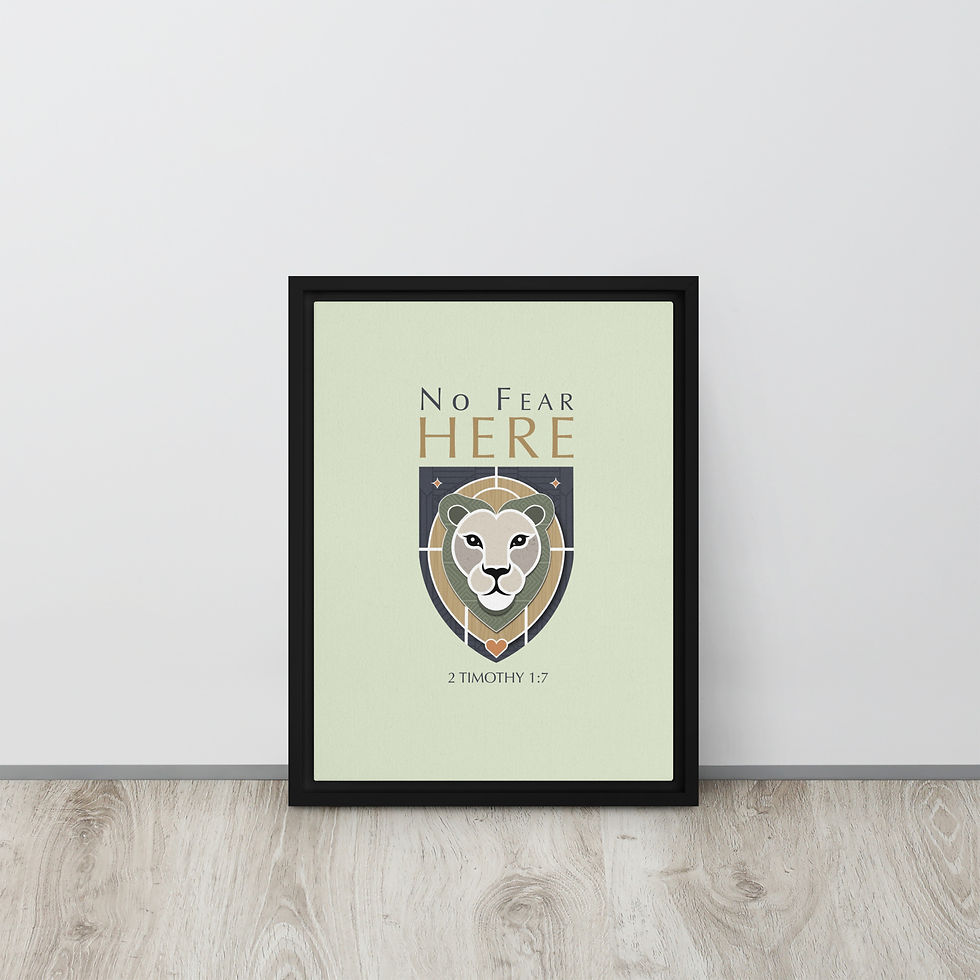Thumbnail: No Fear Here 2 Timothy 1:7 framed canvas Christian wall art lion of Judah shield emblem soft green gray minimalist design pow