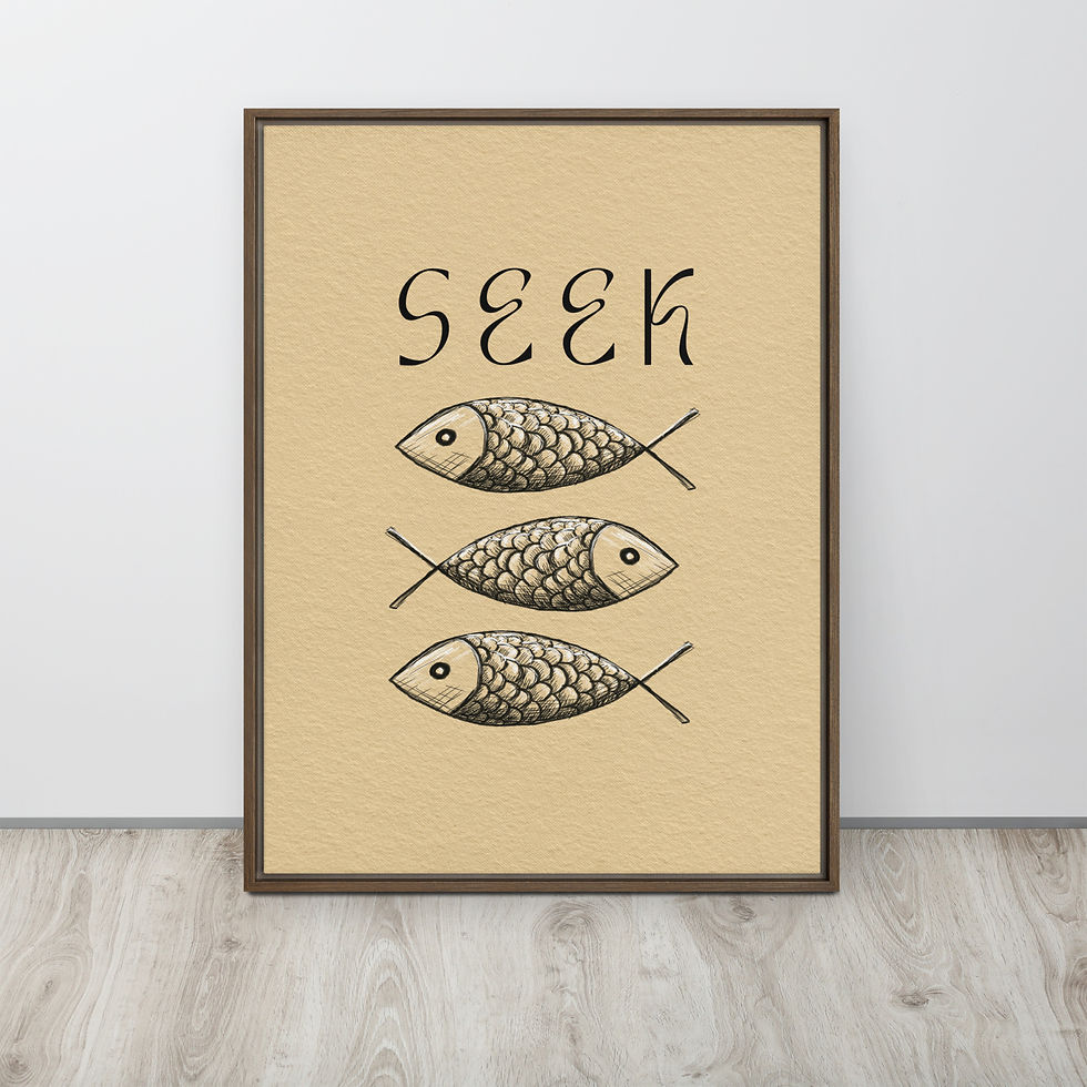 Thumbnail: Ichthys Seek Christian fish symbol black framed poster with Jesus fish line art Luke 11:9-10 minimalist ancient symbol beige
