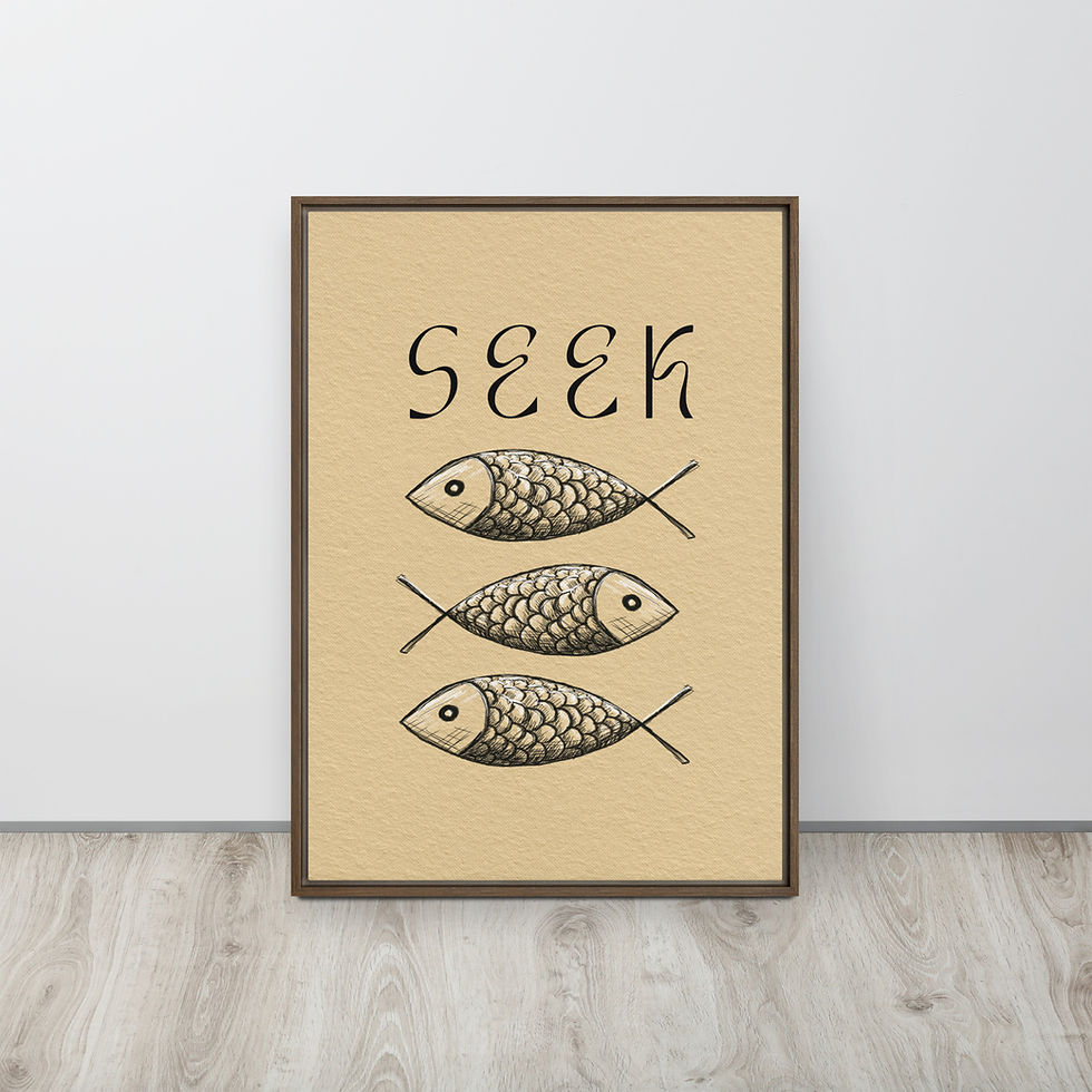 Thumbnail: Ichthys Seek Christian fish symbol black framed poster with Jesus fish line art Luke 11:9-10 minimalist ancient symbol beige