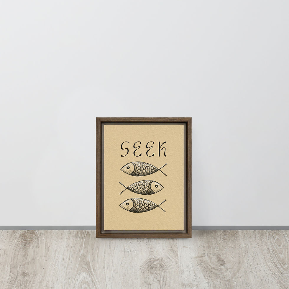 Thumbnail: Ichthys Seek Christian fish symbol black framed poster with Jesus fish line art Luke 11:9-10 minimalist ancient symbol beige