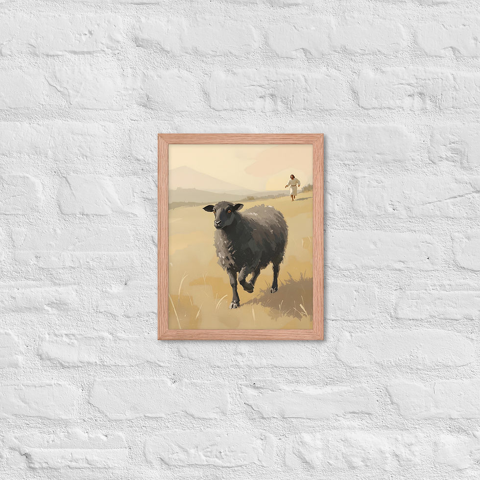 Thumbnail: Black Sheep Luke 15:4-7 affordable framed poster Christian art lone black sheep pastoral landscape warm neutral tones outside