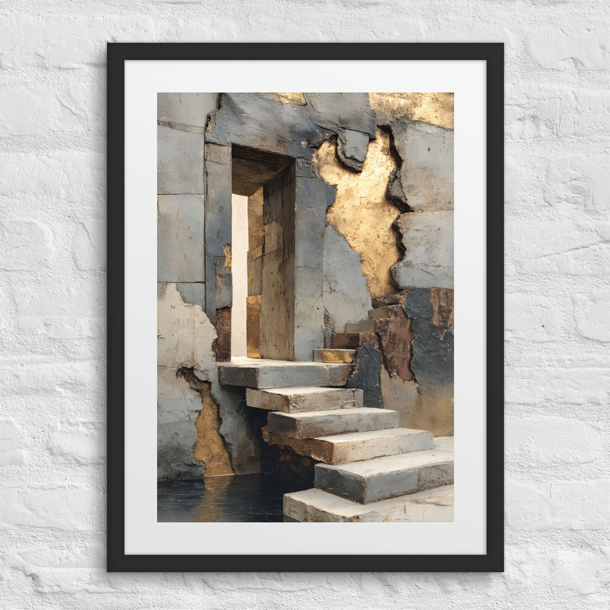 Framed poster Christian wall art “The Door” John 10:9 showing stone steps leading to an open doorway with weathered cracked t