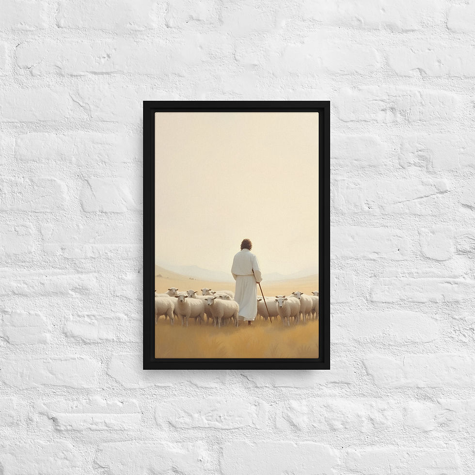 Thumbnail: Psalm 23:1 Good Shepherd black framed canvas Christian art Jesus with sheep flock warm earthy tones pastoral landscape Lord i