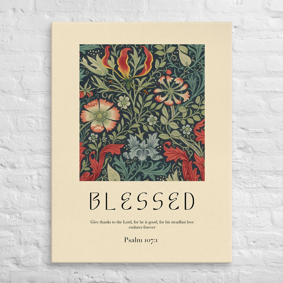 Blessed Psalm 107:1 unframed canvas print multicultural Christian botanical art vibrant floral patterns green red yellow than