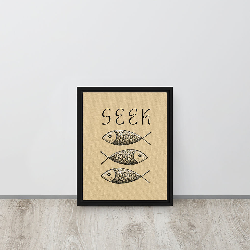 Thumbnail: Ichthys Seek Christian fish symbol black framed poster with Jesus fish line art Luke 11:9-10 minimalist ancient symbol beige