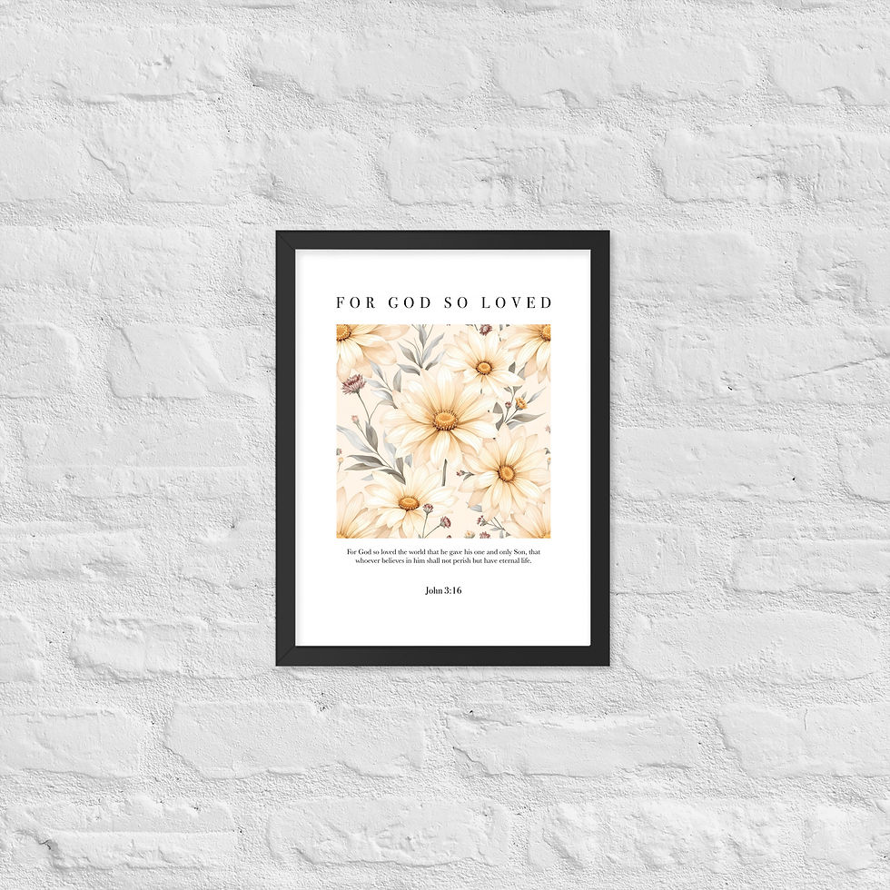 Thumbnail: For God So Loved John 3:16 affordable framed poster Christian floral wall art daisies in soft cream gold white minimalist typ