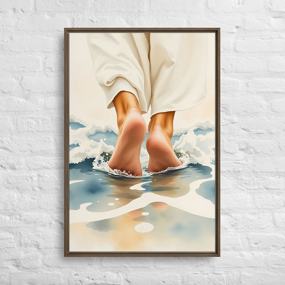 Walking on Water Matthew 14:29 framed canvas Christian wall art minimalist ocean water ripples and reflections stepping out i