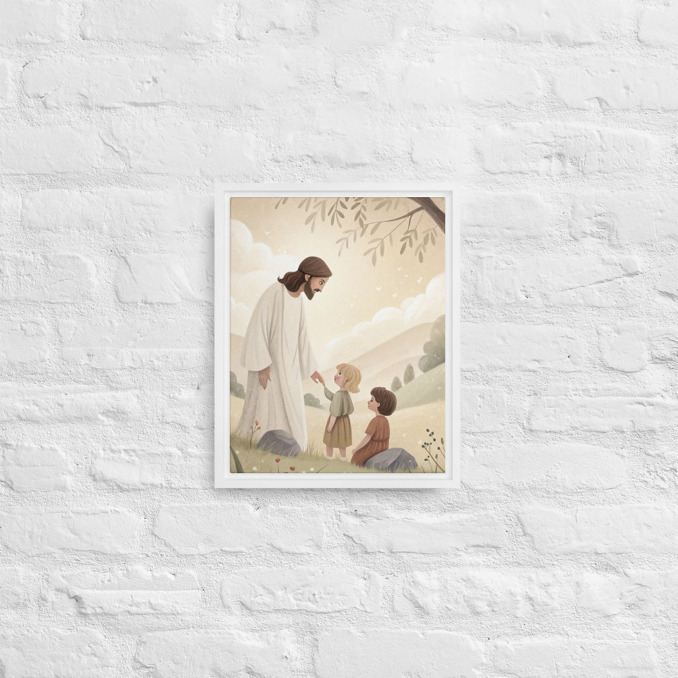 Thumbnail: Jesus and Children Matthew 19:14 framed canvas Christian wall art Jesus welcoming children outdoor tree scene soft neutral ea