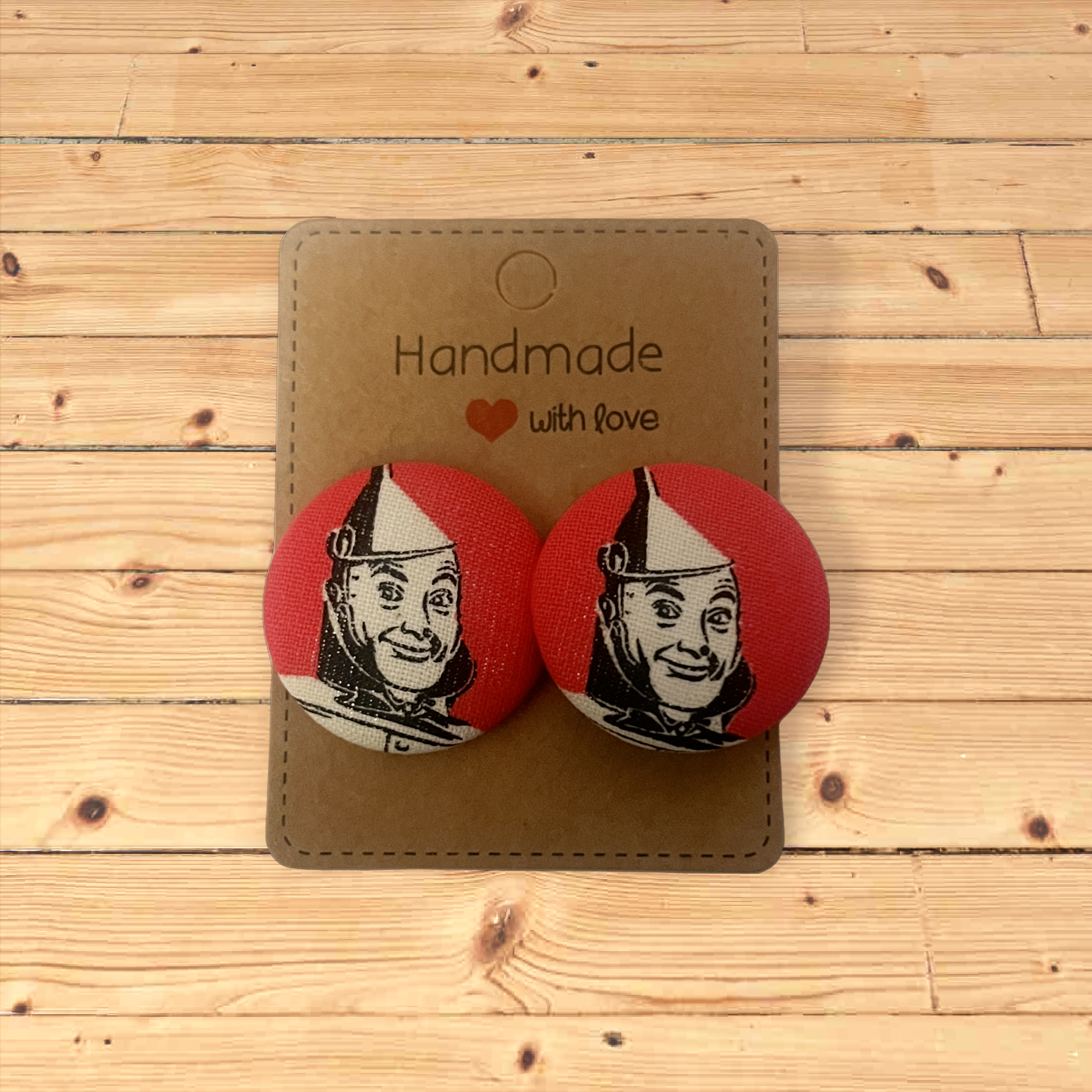 Wizard Of Oz Tin Man Fabric Button Earrings
