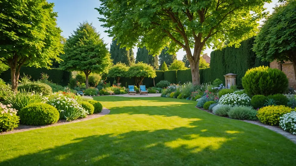 Wide angle view of a calm, landscaped garden