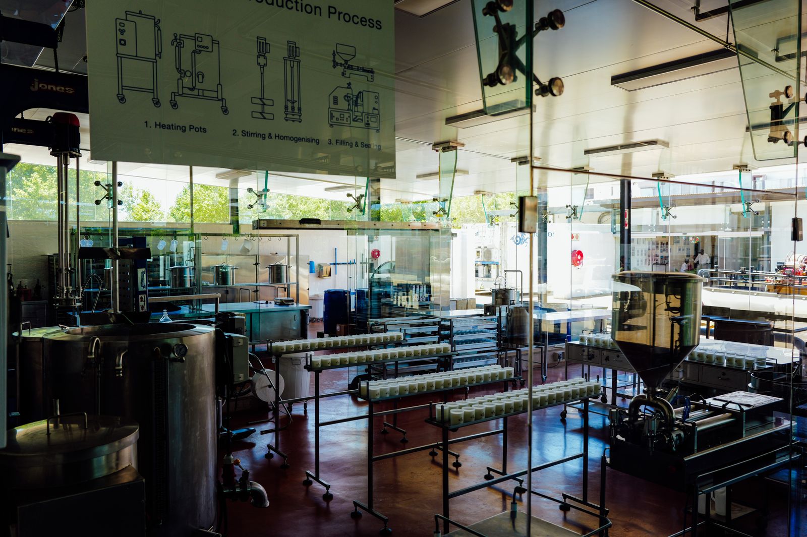 Interior of a food production facility with stainless steel processing equipment