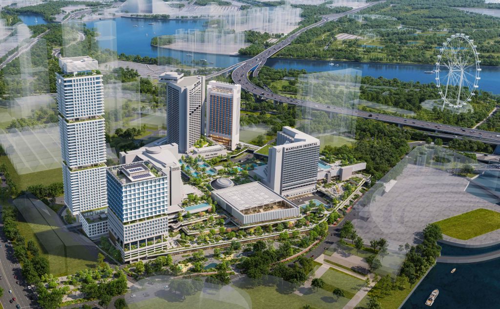 Artist's impression of the proposed Marina Square redevelopment, showing three new towers integrated within the Marina Centre precinct