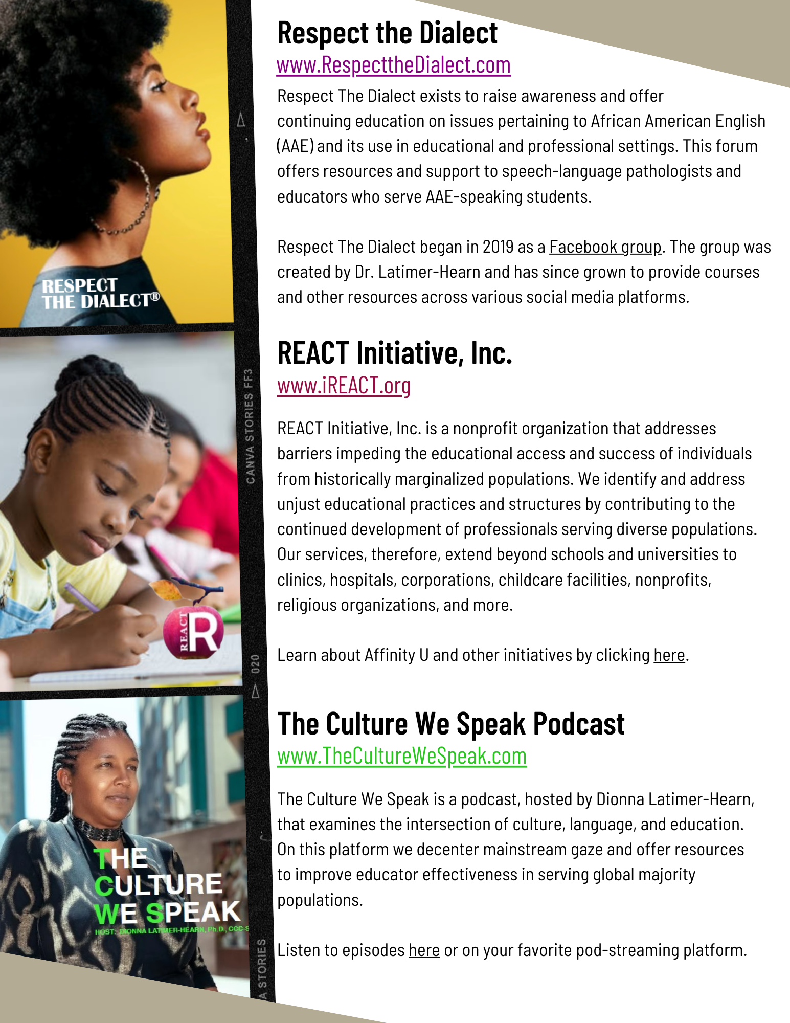 Page two of Dionna Latimer-Hearn's media kit - shows ventures that she runs