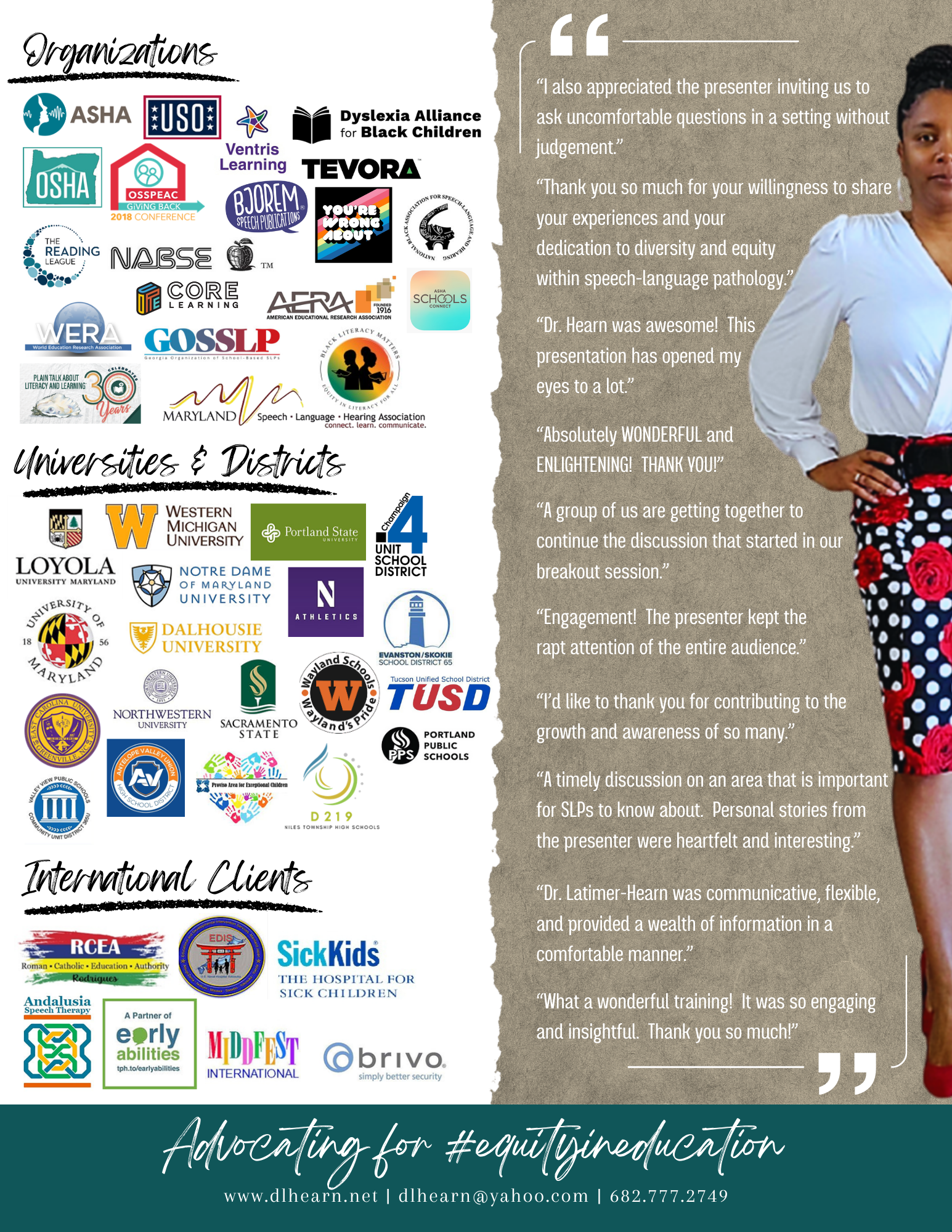 Page four of Dionna Latimer-Hearn's media kit - shows logos of organizations served and quotes of feedback from participants