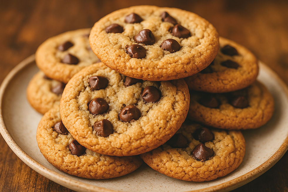 Plate of chocolate chip cookies stacked on a wooden table, showing golden brown color and melty chocolate chips, evoking a warm, cozy mood.