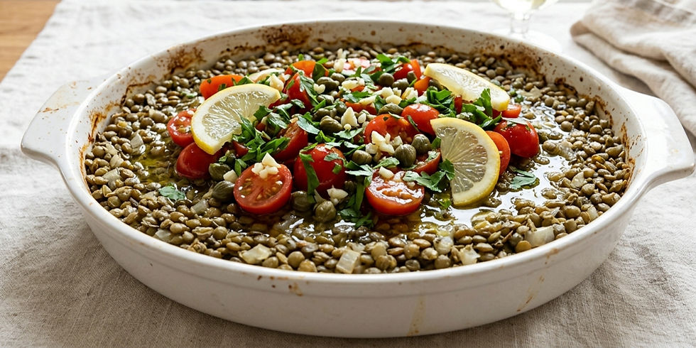 A white dish of cooked lentils topped with sliced cherry tomatoes, lemon wedges, capers, and parsley. Background features a light cloth.