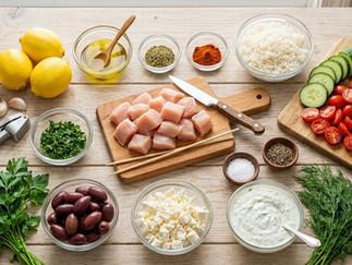 Fresh ingredients for Greek Chicken Souvlaki Bowl including cubed chicken, rice, cucumber, cherry tomatoes, lemons, Kalamata olives, feta cheese, herbs, olive oil, and tzatziki sauce.
