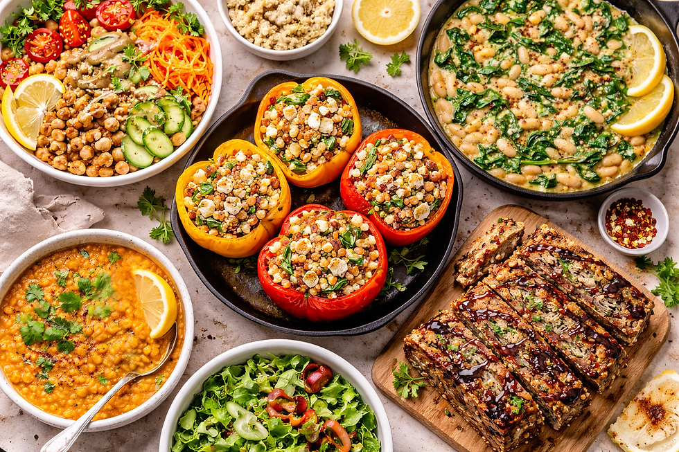 A vibrant spread of stuffed bell peppers, salads, hearty stews, and sliced loaf drizzled with sauce on a light countertop.
