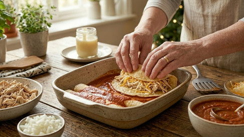 Assembling homemade Mexican enchiladas by filling corn tortillas with shredded chicken and cheese in a baking dish coated with enchilada sauce.