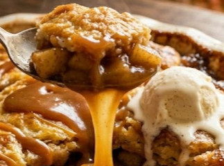 Spoon lifting warm caramel apple cobbler with gooey cinnamon apples, rich caramel sauce, buttery cobbler topping, and melting vanilla ice cream.