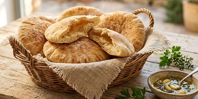 Warm pita bread stacked in a basket lined with a linen napkin