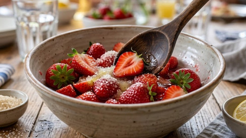 Fresh sliced strawberries tossed with sugar in a rustic bowl, with a wooden spoon mixing the berries to create the sweet strawberry mixture for homemade strawberry tiramisu.