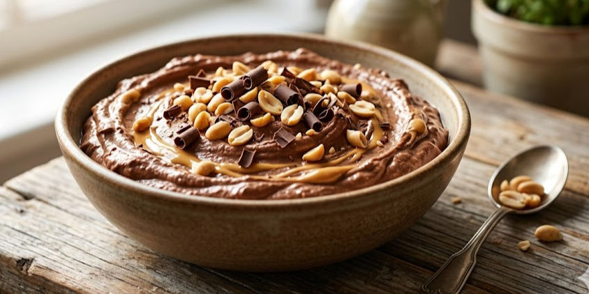 Creamy Peanut Butter Chocolate Cottage Cheese Bowl topped with peanut butter swirls, chopped peanuts, and dark chocolate shavings in a rustic bowl.
