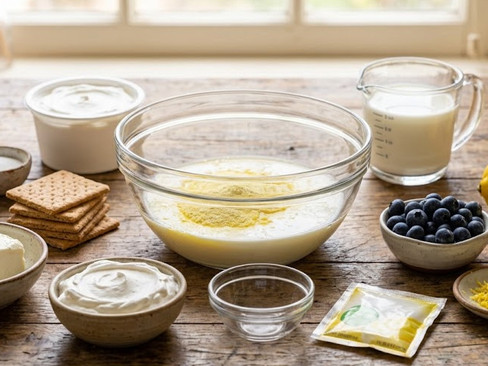 Ingredients for Blueberry Lemon Icebox Cake including cream cheese, lemon pudding mix, milk, whipped topping, graham crackers, fresh blueberries, and lemon zest arranged on a rustic wooden table.