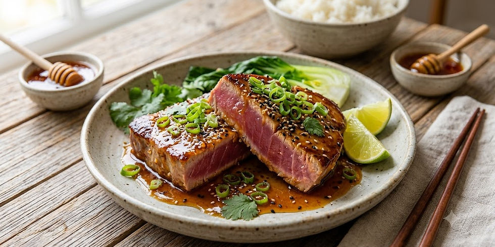 Sliced hot honey seared tuna steak garnished with sesame seeds and herbs, accompanied by white rice and broccoli in the background. Warm, appetizing look.