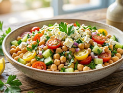 Mediterranean Chickpea Salad with chickpeas, cucumber, cherry tomatoes, red onion, fresh herbs, feta cheese, and lemon dressing.