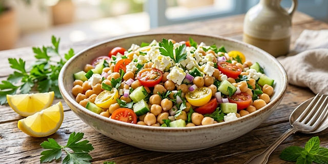 Mediterranean Chickpea Salad with chickpeas, cucumber, cherry tomatoes, red onion, fresh herbs, feta cheese, and lemon dressing.