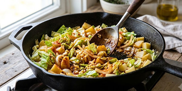 Cabbage, potatoes, onions, and browned smoked sausage cooking together in a cast-iron skillet with a wooden spoon.