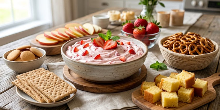 Rustic table spread of strawberry dip with berries, pretzels, crackers, cookies, apple slices and cake cubes.