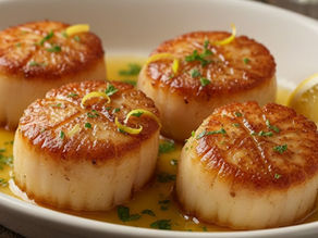 Seared scallops in a white dish, garnished with lemon slices, herbs, and sauce. The setting is warm, highlighting golden brown textures.
