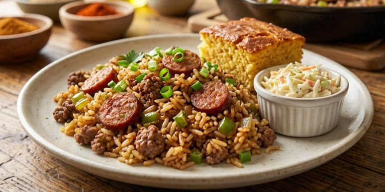 Plate of rice with sausage and ground meat, cornbread, and coleslaw on a rustic wooden table, warm hearty meal។