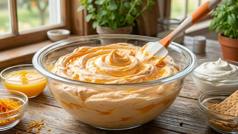 Creamy Orange Creamsicle filling being mixed in a glass bowl with orange zest and citrus ingredients on a rustic table.