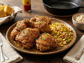 Plate of crispy fried chicken with herbs, corn salad with peppers and bacon, coleslaw in a bowl. Rustic table setting, warm tones.