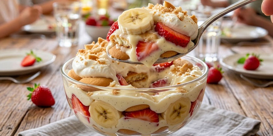 Spoon lifts banana-strawberry pudding in a glass bowl on a rustic table, creamy and festive with whipped topping and crumbs