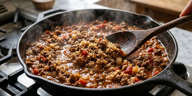 Close-up of a skillet filled with seasoned ground beef, rice, diced tomatoes, and onions being stirred with a wooden spoon while steam rises from the hearty stuffed pepper filling.