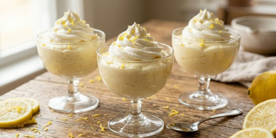 Three lemon mousse in glass cups topped with whipped cream, on a rustic wooden table with lemon slices and a spoon.