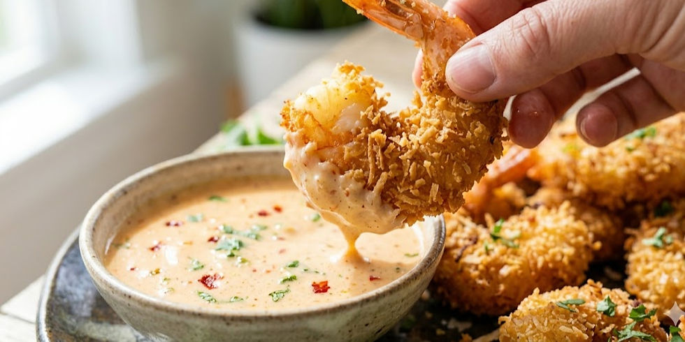 Hand dipping a crispy fried coconut shrimp into creamy sauce beside a plate of golden shrimp on a table.
