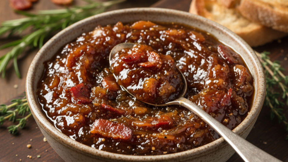 Bowl of dark brown bacon jam with spoon on wooden board, garnished with rosemary and thyme. Slices of rustic bread in background.
