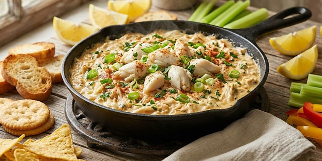 Creamy Cajun crab dip in a cast-iron skillet topped with lump crab meat, green onions, and Cajun seasoning, served with crackers, celery, and lemon wedges.