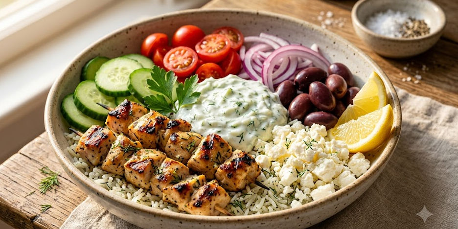 Greek Chicken Souvlaki Bowl with cucumber, tomatoes, olives, feta, tzatziki, and lemon on a rustic table.