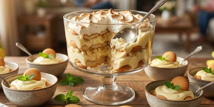 Glass trifle of layered banana pudding with whipped cream and spoons, surrounded by small dessert bowls on a wooden table.