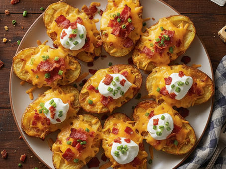 Plate of loaded potato skins topped with melted cheese, bacon, sour cream, and chives on a wooden table with a checkered cloth nearby.