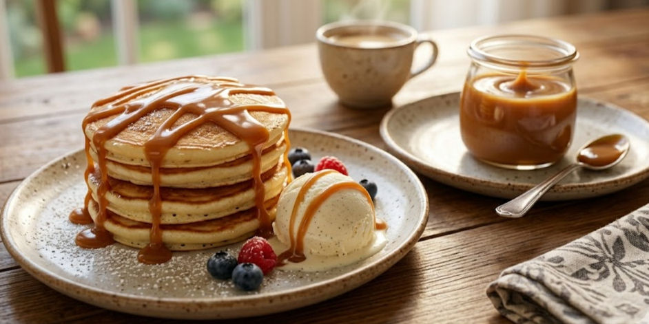 Stack of caramel-drizzled pancakes with ice cream and berries, plus coffee and caramel sauce on a rustic wooden table.
