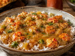 Crawfish and vegetable stew over rice in a rustic bowl, with toasted bread on a wooden table